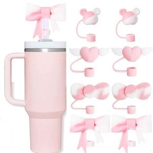 8 Pcs Classic Pink Bow Straw Covers Cap Silicone Toppers Stanley 30&40 Xmas Gift